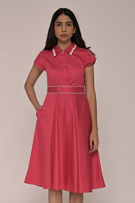 Escape By Aishwarya_Pink Cotton Satin Collared Scallop Patchwork Dress _Online_at_Aza_Fashions