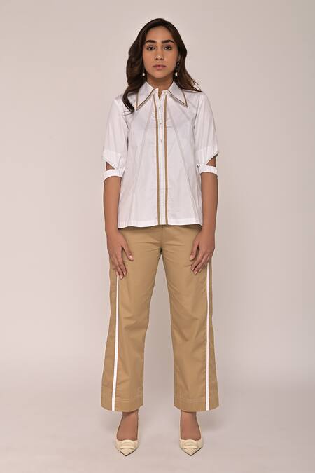 Buy_Escape By Aishwarya_White Cotton Satin Embroidery Contrast Kantha Thread Work Shirt And Pant Set _Online_at_Aza_Fashions