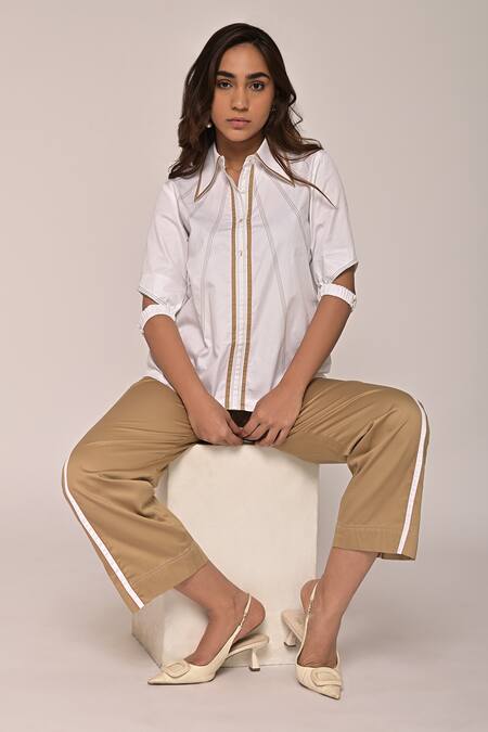 Buy_Escape By Aishwarya_White Cotton Satin Embroidery Contrast Kantha Thread Work Shirt And Pant Set 