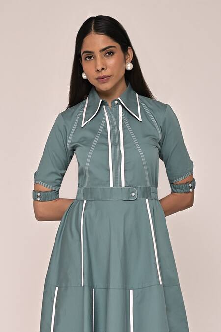 Escape By Aishwarya_Grey Cotton Satin Piping Collared Sunshine Contrast Piped Midi Dress _Online_at_Aza_Fashions