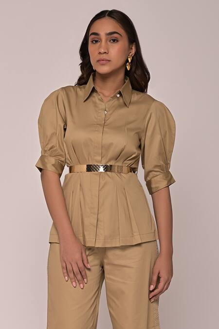 Escape By Aishwarya_Beige Cotton Satin Kantha Collared Tuck Puff Sleeve Top And Pant Set _Online_at_Aza_Fashions