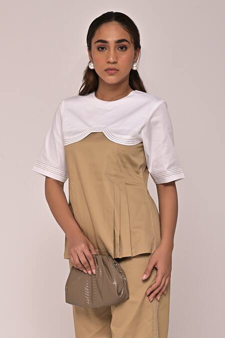 Escape By Aishwarya_Beige Cotton Satin Round Color Blocked Top And Pant Set _Online_at_Aza_Fashions