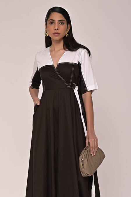 Escape By Aishwarya_Black Cotton Satin V-neck And White Colorblocked Jumpsuit _Online_at_Aza_Fashions