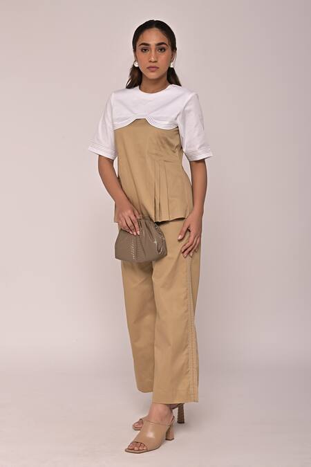 Escape By Aishwarya_Beige Cotton Satin Round Two Tone Color Blocked Top _Online_at_Aza_Fashions