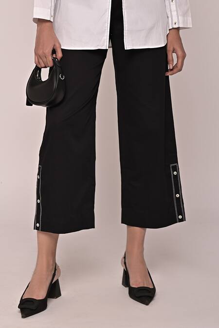 Escape By Aishwarya_Black Cotton Satin Collared Wabi Contrast Placket Shirt And Pant Set _Online_at_Aza_Fashions