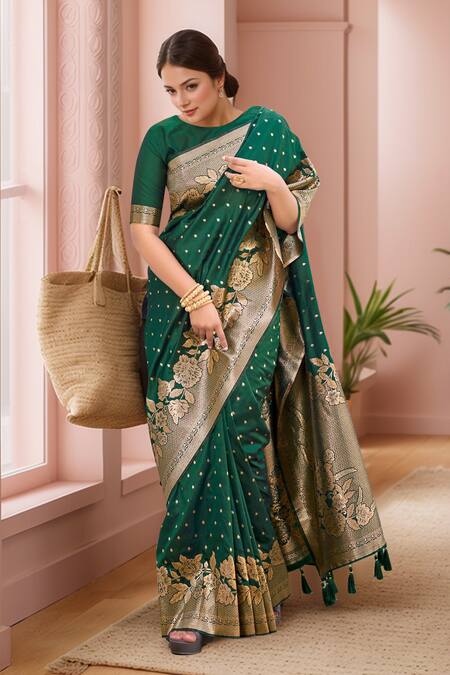 Naintara Bajaj Green , Satin Embroidery, Tassels Fleur Bloom Woven Saree And Blouse Set Online at Aza Fashions Naintara Bajaj_Green , Satin Embroidery, Tassels Fleur Bloom Woven Saree And Blouse Set _Online_at_Aza_Fashions