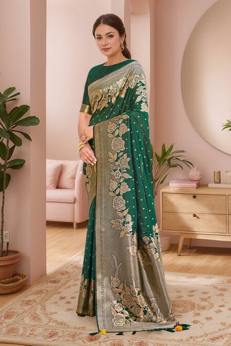 Shop Naintara Bajaj Green , Satin Embroidery, Tassels Fleur Bloom Woven Saree And Blouse Set Online at Aza Fashions Shop_Naintara Bajaj_Green , Satin Embroidery, Tassels Fleur Bloom Woven Saree And Blouse Set _Online_at_Aza_Fashions