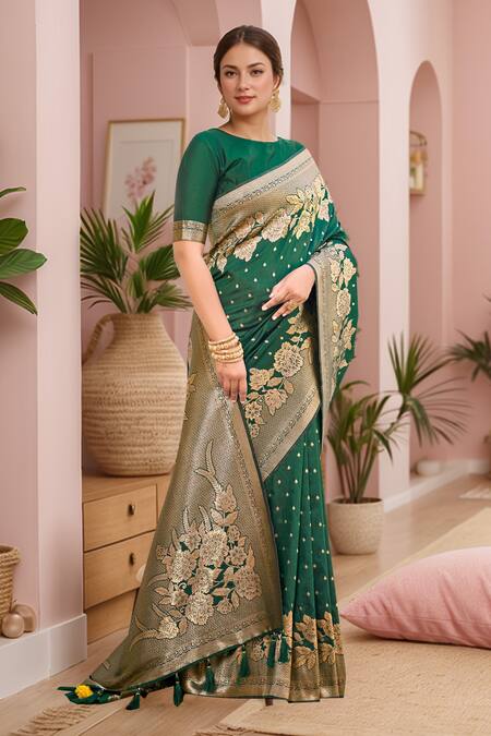 Naintara Bajaj Green , Satin Embroidery, Tassels Fleur Bloom Woven Saree And Blouse Set at Aza Fashions Naintara Bajaj_Green , Satin Embroidery, Tassels Fleur Bloom Woven Saree And Blouse Set _at_Aza_Fashions