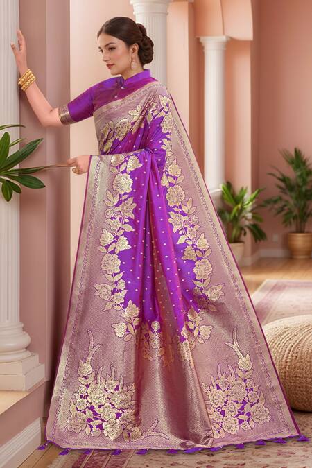 Shop Naintara Bajaj Purple Silk Embroidery Mandarin Collar Mughal Bloom Woven Saree Set Shop_Naintara Bajaj_Purple Silk Embroidery Mandarin Collar Mughal Bloom Woven Saree Set