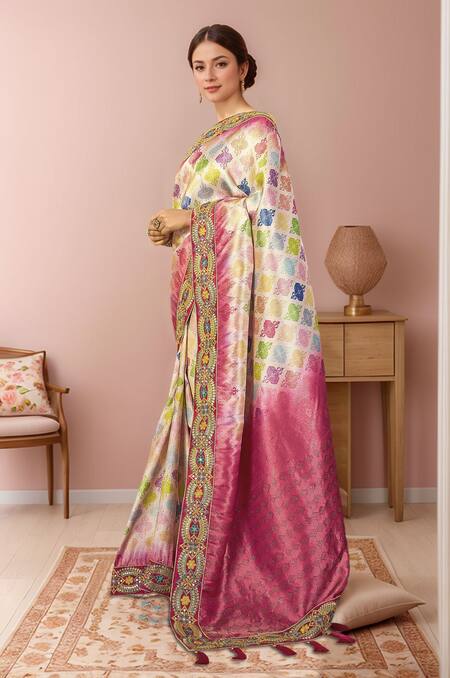Naintara Bajaj Pink Silk Sequins, Zari, Embroidery V-neck Mughal Floral Woven Saree Set Online at Aza Fashions Naintara Bajaj_Pink Silk Sequins, Zari, Embroidery V-neck Mughal Floral Woven Saree Set _Online_at_Aza_Fashions