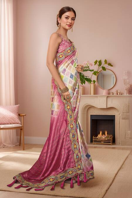 Shop Naintara Bajaj Pink Silk Sequins, Zari, Embroidery V-neck Mughal Floral Woven Saree Set Online at Aza Fashions Shop_Naintara Bajaj_Pink Silk Sequins, Zari, Embroidery V-neck Mughal Floral Woven Saree Set _Online_at_Aza_Fashions