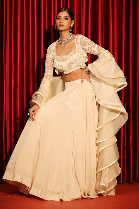 Shop_Swati Wadhwani Couture_Ivory Organza, Net, Crepe Pearls, Beads, Floral Hand Embroidered Lehenga Set _Online_at_Aza_Fashions