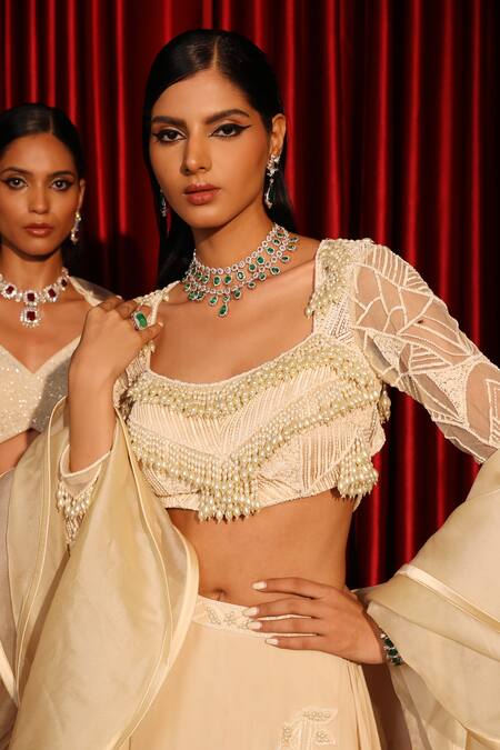 Buy_Swati Wadhwani Couture_Ivory Organza, Net, Crepe Pearls, Beads, Floral Hand Embroidered Lehenga Set 
