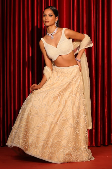 Shop_Swati Wadhwani Couture_Ivory Silk, Net Embroidery, Beads V-neck Hand Lehenga Set _Online_at_Aza_Fashions