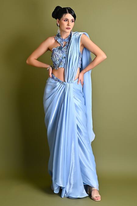 Shop_One Knot One By Ashna_Blue Organza Sequins, Cut Work, Beads Pre-draped Saree With Embroidered Blouse _Online_at_Aza_Fashions