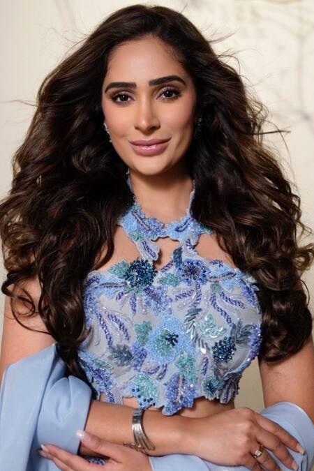 Buy One Knot One By Ashna Blue Organza Sequins, Cut Work, Beads Pre-draped Saree With Embroidered Blouse Buy_One Knot One By Ashna_Blue Organza Sequins, Cut Work, Beads Pre-draped Saree With Embroidered Blouse