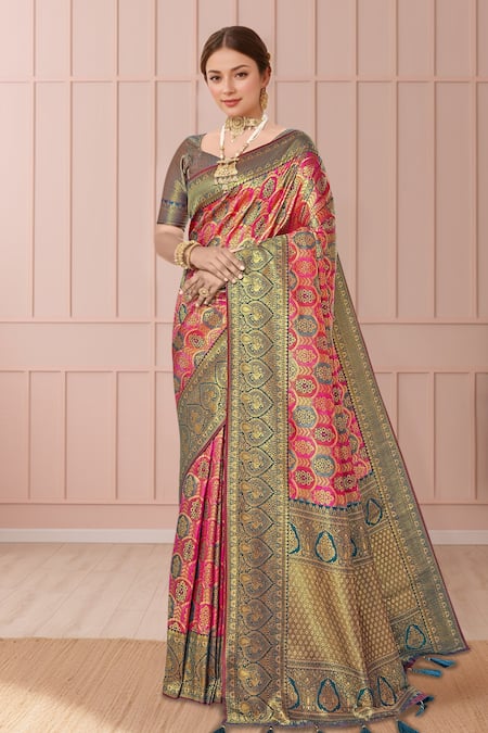 Naintara Bajaj_Pink Silk, Brocade Embroidery V-neck Floral Mughal Woven Saree And Blouse Set _Online_at_Aza_Fashions