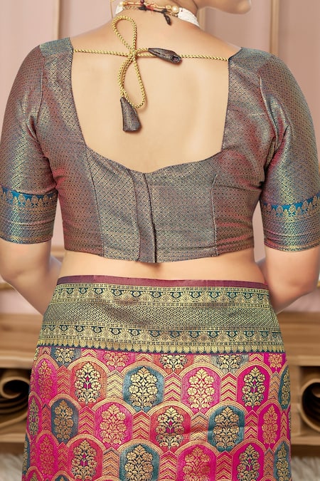 Shop_Naintara Bajaj_Pink Silk, Brocade Embroidery V-neck Floral Mughal Woven Saree And Blouse Set _Online_at_Aza_Fashions