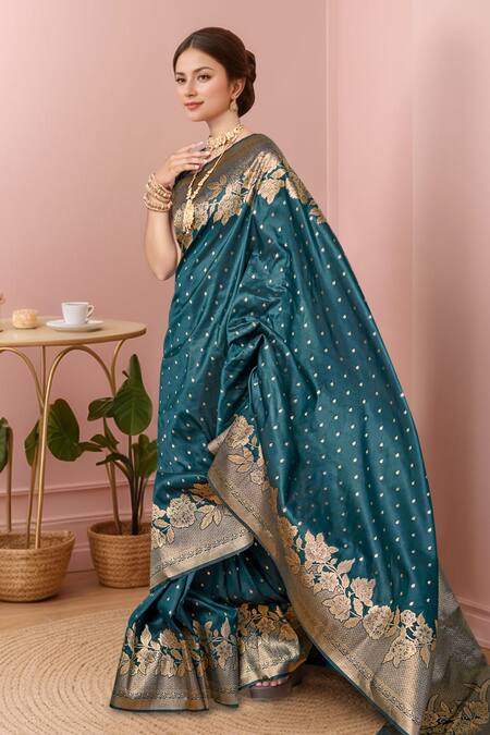 Shop Naintara Bajaj Green Silk Embroidery, Zari V-neck Floral Vine Woven Saree And Blouse Set Online at Aza Fashions Shop_Naintara Bajaj_Green Silk Embroidery, Zari V-neck Floral Vine Woven Saree And Blouse Set _Online_at_Aza_Fashions