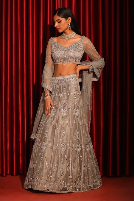 Buy_Swati Wadhwani Couture_Gray Silk, Chiffon Tassels V-neck Hand Embroidered Metallic Grey Lehenga Set _Online_at_Aza_Fashions