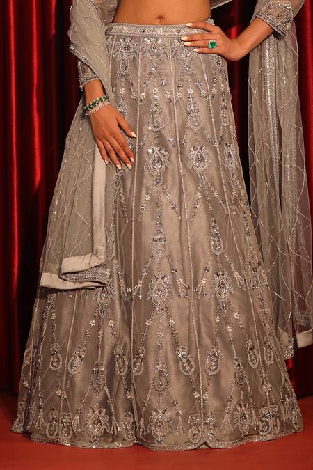 Shop_Swati Wadhwani Couture_Gray Silk, Chiffon Tassels V-neck Hand Embroidered Metallic Grey Lehenga Set _Online_at_Aza_Fashions
