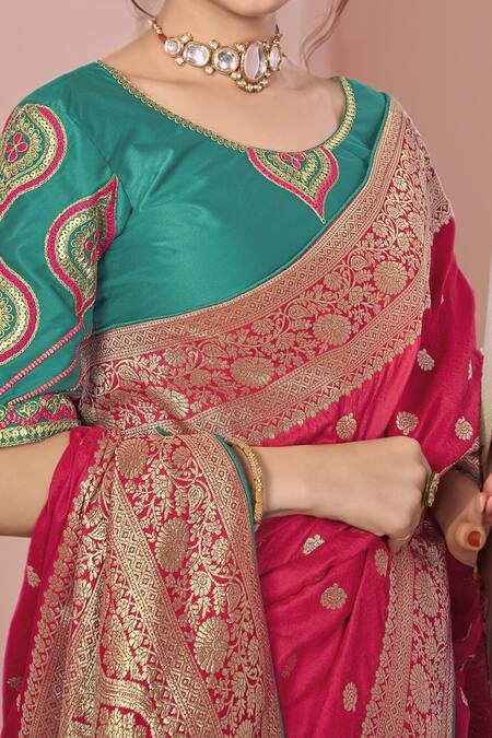 Naintara Bajaj_Pink Georgette, Silk Embroidery V-neck Bloom Woven Saree Set With Blouse_Online_at_Aza_Fashions