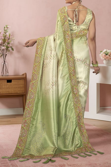 Shop Naintara Bajaj Green , Satin Zari, Sequins, Geometric Woven Saree With Blouse at Aza Fashions Shop_Naintara Bajaj_Green , Satin Zari, Sequins, Geometric Woven Saree With Blouse _at_Aza_Fashions