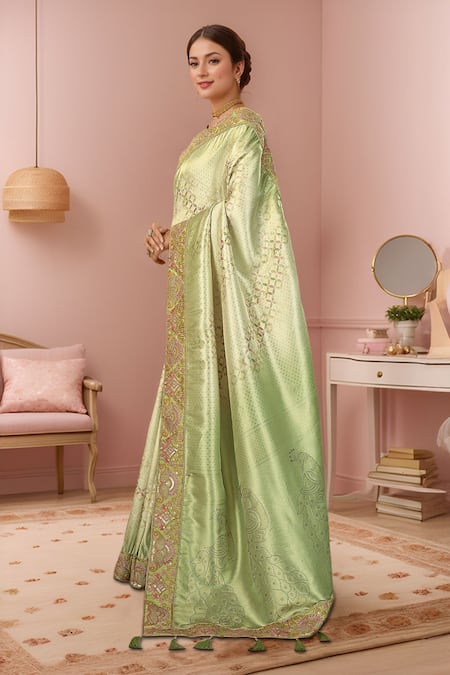 Shop Naintara Bajaj Green , Satin Zari, Sequins, Geometric Woven Saree With Blouse Online at Aza Fashions Shop_Naintara Bajaj_Green , Satin Zari, Sequins, Geometric Woven Saree With Blouse _Online_at_Aza_Fashions