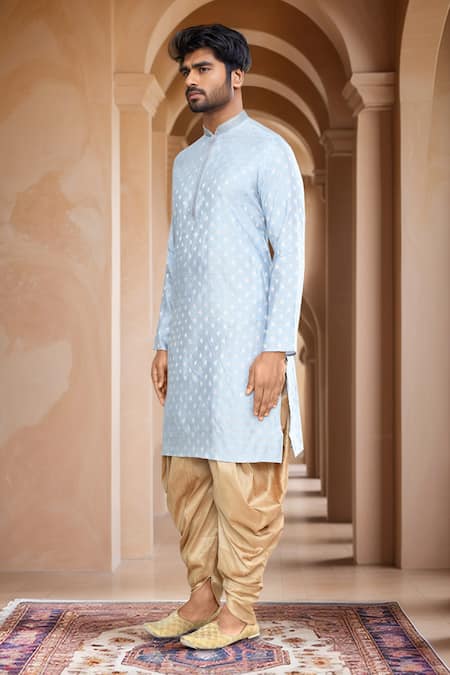 Shop_Arihant Rai Sinha_Blue Kurta Brocade, Patiala Pant Art Silk Leaf Petal Woven Motif And Set