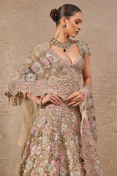 Tarun Tahiliani Multi Color Tulle Crystal, Floral, Pearl, Bloom Embroidered Bridal Lehenga Set Online at Aza Fashions Tarun Tahiliani_Multi Color Tulle Crystal, Floral, Pearl, Bloom Embroidered Bridal Lehenga Set _Online_at_Aza_Fashions