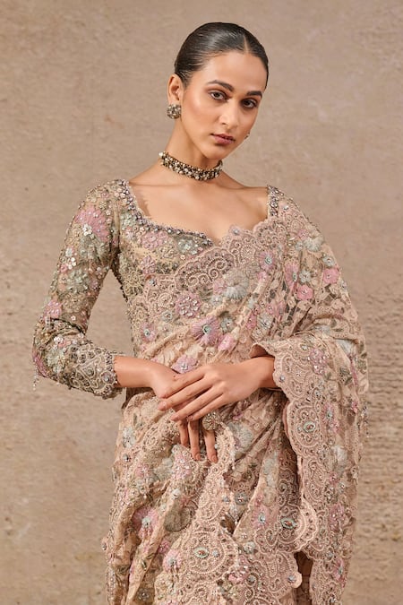 Tarun Tahiliani Multi Color Tulle Pearls, Embroidery, Crystals, Floral Bloom Saree And Blouse Online at Aza Fashions Tarun Tahiliani_Multi Color Tulle Pearls, Embroidery, Crystals, Floral Bloom Saree And Blouse _Online_at_Aza_Fashions