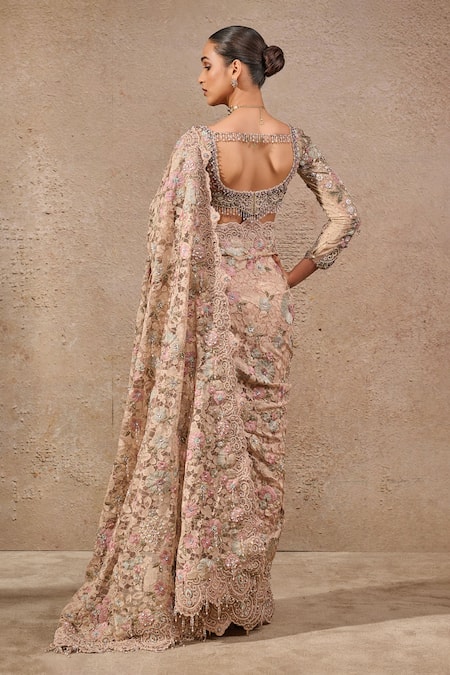 Shop Tarun Tahiliani Multi Color Tulle Pearls, Embroidery, Crystals, Floral Bloom Saree And Blouse at Aza Fashions Shop_Tarun Tahiliani_Multi Color Tulle Pearls, Embroidery, Crystals, Floral Bloom Saree And Blouse _at_Aza_Fashions