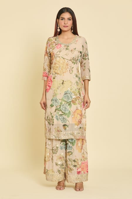 Samyukta Singhania Beige Chinon Silk Sequin, Flower, Zari Thread Round Print Kurta Set Online at Aza Fashions Samyukta Singhania_Beige Chinon Silk Sequin, Flower, Zari Thread Round Print Kurta Set _Online_at_Aza_Fashions