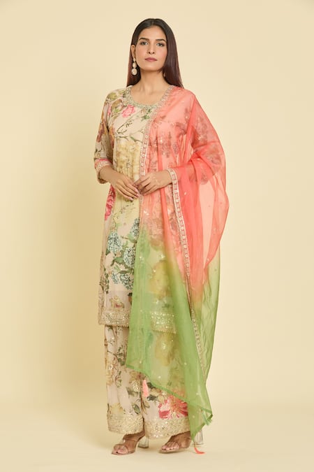 Buy Samyukta Singhania Beige Chinon Silk Sequin, Flower, Zari Thread Round Print Kurta Set Online at Aza Fashions Buy_Samyukta Singhania_Beige Chinon Silk Sequin, Flower, Zari Thread Round Print Kurta Set _Online_at_Aza_Fashions