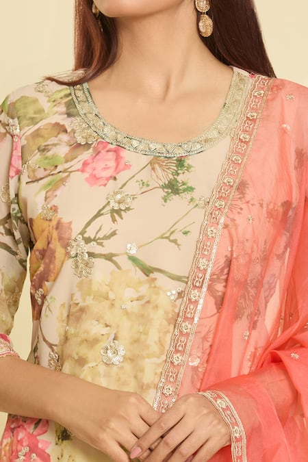 Shop Samyukta Singhania Beige Chinon Silk Sequin, Flower, Zari Thread Round Print Kurta Set Online at Aza Fashions Shop_Samyukta Singhania_Beige Chinon Silk Sequin, Flower, Zari Thread Round Print Kurta Set _Online_at_Aza_Fashions
