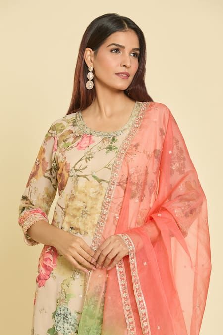 Samyukta Singhania Beige Chinon Silk Sequin, Flower, Zari Thread Round Print Kurta Set at Aza Fashions Samyukta Singhania_Beige Chinon Silk Sequin, Flower, Zari Thread Round Print Kurta Set _at_Aza_Fashions