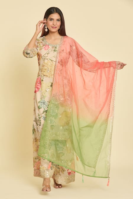 Buy Samyukta Singhania Beige Chinon Silk Sequin, Flower, Zari Thread Round Print Kurta Set Buy_Samyukta Singhania_Beige Chinon Silk Sequin, Flower, Zari Thread Round Print Kurta Set