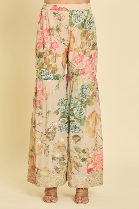 Shop Samyukta Singhania Beige Chinon Silk Sequin, Flower, Zari Thread Round Print Kurta Set Shop_Samyukta Singhania_Beige Chinon Silk Sequin, Flower, Zari Thread Round Print Kurta Set