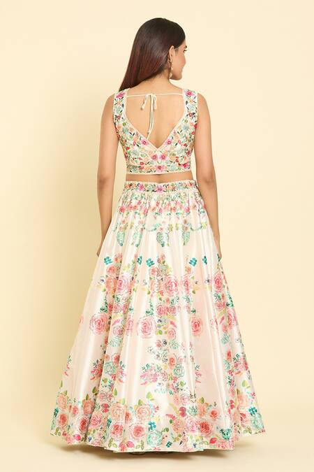 Shop_Samyukta Singhania_Cream Silk, Net Sequins, Zari, Rhinestones, Embroidery Rose Print Lehenga Set _at_Aza_Fashions