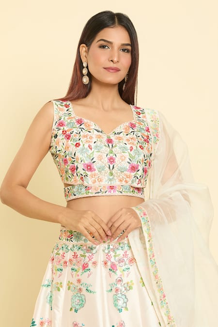 Buy_Samyukta Singhania_Cream Silk, Net Sequins, Zari, Rhinestones, Embroidery Rose Print Lehenga Set _Online_at_Aza_Fashions