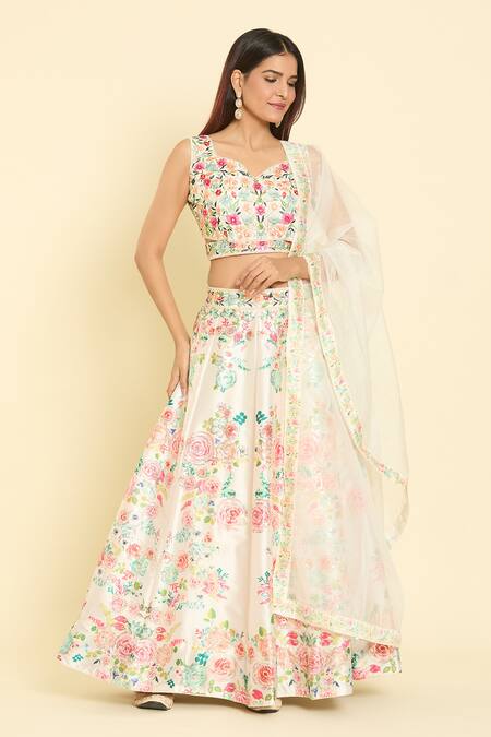 Samyukta Singhania_Cream Silk, Net Sequins, Zari, Rhinestones, Embroidery Rose Print Lehenga Set _at_Aza_Fashions
