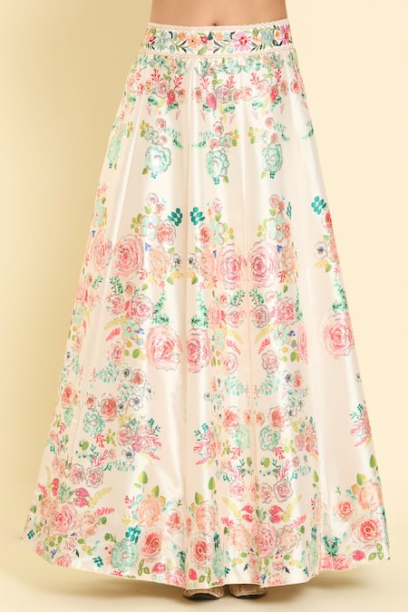 Buy_Samyukta Singhania_Cream Silk, Net Sequins, Zari, Rhinestones, Embroidery Rose Print Lehenga Set 