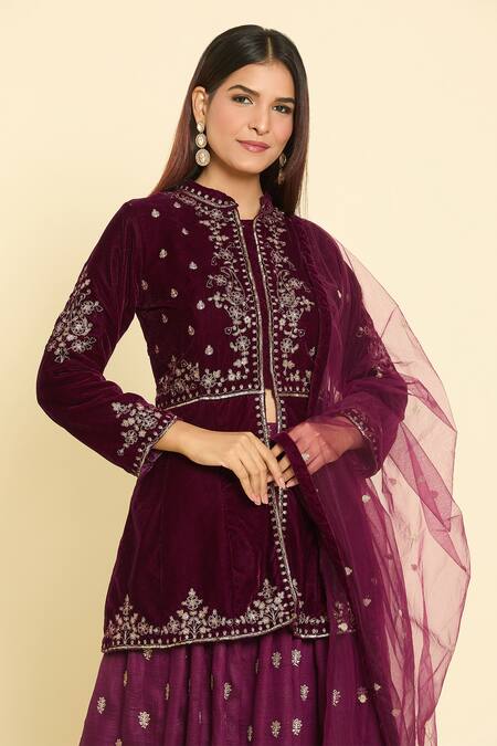 Buy_Naintara Bajaj_Purple Silk, Velvet, Net Sequins, Zari Paisley Embroidered Peplum Lehenga Set_Online_at_Aza_Fashions