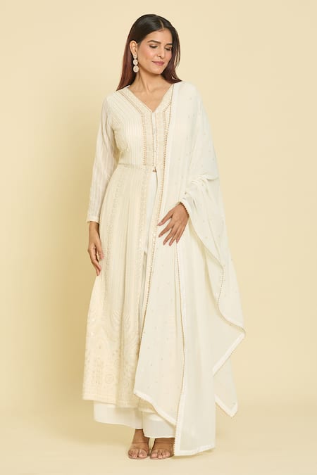 Shop_Samyukta Singhania_White Georgette Sequins, Embroidery V-neck Thread Anarkali Set _Online_at_Aza_Fashions