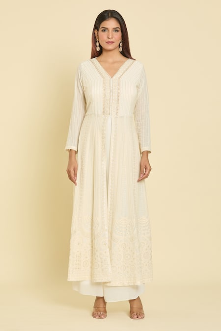 Samyukta Singhania_White Georgette Sequins, Embroidery V-neck Thread Anarkali Set _at_Aza_Fashions