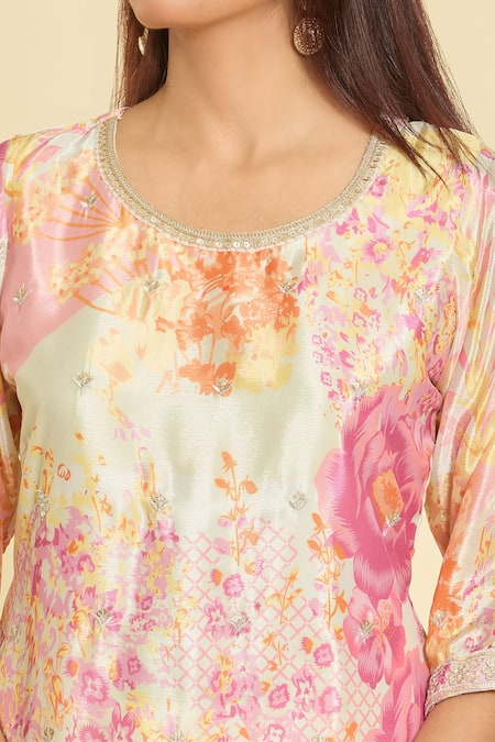 Buy Samyukta Singhania Multi Color Chiffon, Net Sequins, Zari Round Abstract Floral Print Kurta Set Online at Aza Fashions Buy_Samyukta Singhania_Multi Color Chiffon, Net Sequins, Zari Round Abstract Floral Print Kurta Set _Online_at_Aza_Fashions