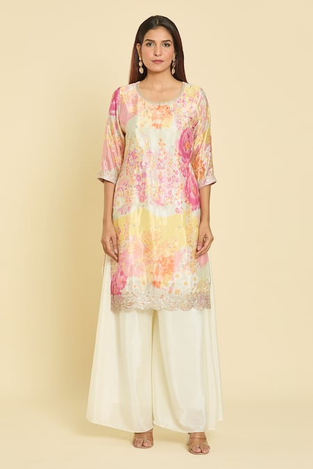 Shop Samyukta Singhania Multi Color Chiffon, Net Sequins, Zari Round Abstract Floral Print Kurta Set Online at Aza Fashions Shop_Samyukta Singhania_Multi Color Chiffon, Net Sequins, Zari Round Abstract Floral Print Kurta Set _Online_at_Aza_Fashions