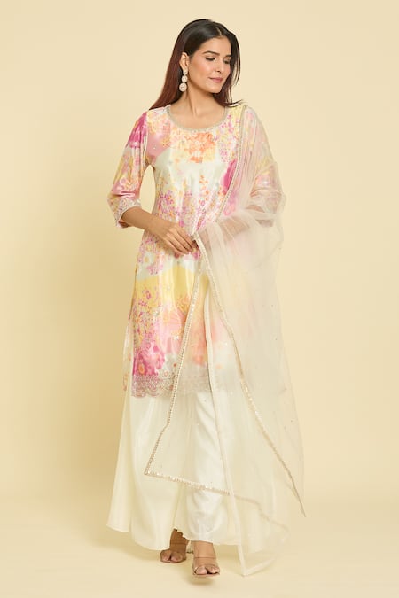 Samyukta Singhania Multi Color Chiffon, Net Sequins, Zari Round Abstract Floral Print Kurta Set at Aza Fashions Samyukta Singhania_Multi Color Chiffon, Net Sequins, Zari Round Abstract Floral Print Kurta Set _at_Aza_Fashions