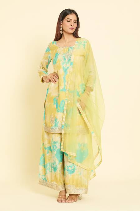 Samyukta Singhania_Yellow Net, Chiffon, Silk Sequins, Zari, Bloom Print Kurta Palazzo Set_Online_at_Aza_Fashions