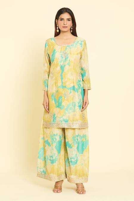 Buy_Samyukta Singhania_Yellow Net, Chiffon, Silk Sequins, Zari, Bloom Print Kurta Palazzo Set_Online_at_Aza_Fashions